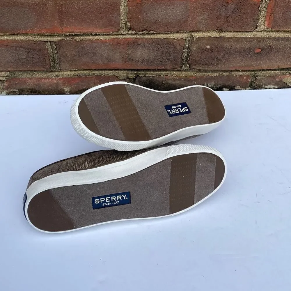Sperry Top Sider Taupe & Gold Sparkle Seacoast Canvas Sneakers Size 5.5 NEW